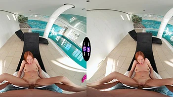 Redhead teen Holly Molly enjoys riding cock in vr, showcasing her slim figure and fiery charm.