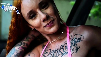 Redhead slut deepthroats dick, gets cum in mouth. Hardcore