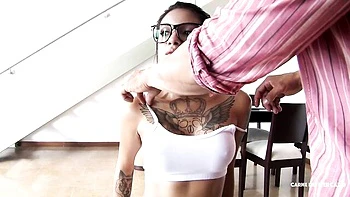 Fake-boobed inked brunette Marly Romero likes this large penis