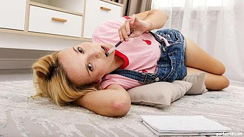 Soloing girlfriend Loli Pop nicely plays with her shaved pussy