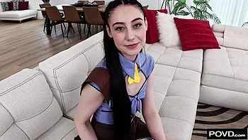 Skinny brunette Dolly Paige rides a nice big dick in POV angle