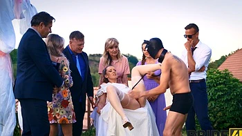 Hot brides in nylon stockings have sex with a guy in the open air