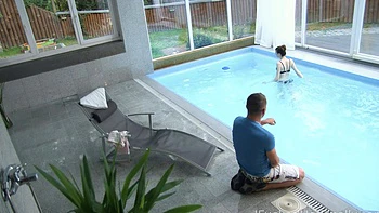 Skinny secretary Sunny Honey gets fucked in the pool by her boss