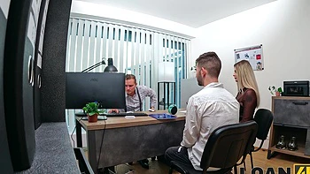 Two office sluts getting fucked on the table right in front of their husband