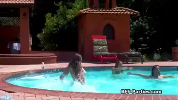 Three sexy swimmers riding one lucky dick