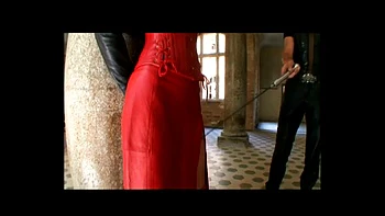 Big boobs blonde humiliating whipping in red latex dress