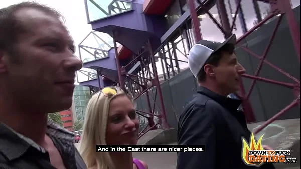 PublicSexDate - Sexy Blonde Dirty MILF Tina Swallows 2 Cocks Behind Public Building