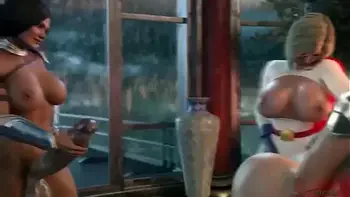 Cat woman handles two big dicks