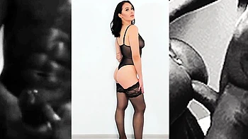 Sexy brunette babe in lingerie and stockings toys pussy