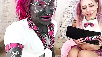 Tattooed Lesbians Squirt on Face with Big Dildo