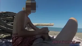 Strangers caught my wife touching and masturbating my cock on a public nude beach - Real amateur french - MissCreamy
