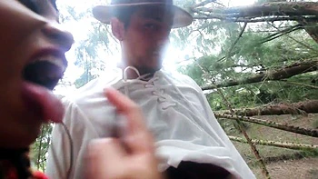 CIMA Ebony and Redhead Threesome Blowjob Outdoors