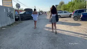 Two girls walk in public without panties and show pussies