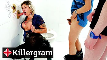 Tattooed babe Tallulah sucks multiple cocks deep and gets cum on tits