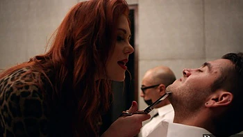 Redhead Maitland teases Dante with huge fake tits and lingerie